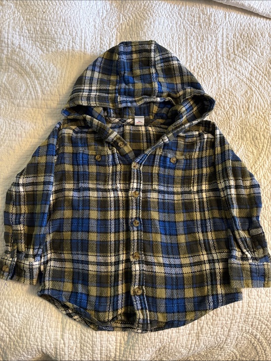 Old Navy Other - Old Navy Hooded Plaid Button-Up Shirt - Blue & Olive